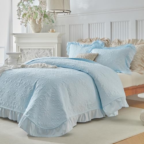 Ruffles Quilt Set King Size 96 * 108 in - 3 Pieces Solid Shabby Chic Farmhouse Ruffled Bedding Rustic Coverlet Lightweight Fluffy Summer Oversized Bedspread with Shams for Women Men Light Blue