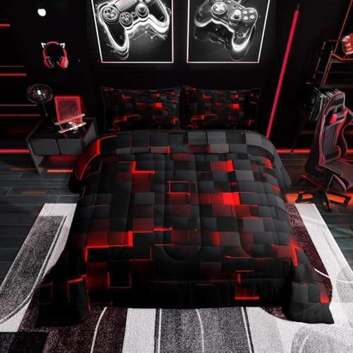 Erosebridal Black and Red Comforter Set Queen Neon Geometric Checkered Bedding Set Gamer Room Decor for Boys,Abstract Grids Quilt Comforter for Kids Teen Men Plaid Check Bed Set 3 Pcs