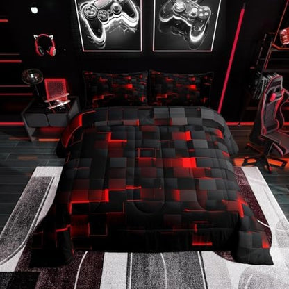 Erosebridal Black and Red Comforter Set Queen Neon Geometric Checkered Bedding Set Gamer Room Decor for Boys,Abstract Grids Quilt Comforter for Kids Teen Men Plaid Check Bed Set 3 Pcs
