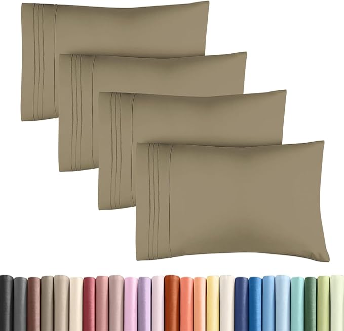 King Standard Pillow Cases Set of 4 - Soft Hotel Quality Pillowcase Covers - Comfy Bedding for Women, Men, Kids & Teens - Machine Washable Pillow Protectors - 4 Piece Set - King Standard Size Khaki