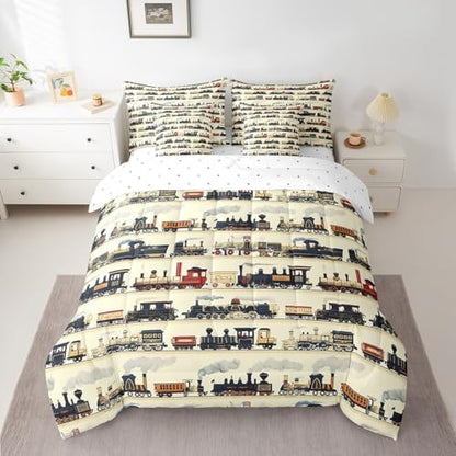 Feelyou Vintage Train Comforter Set King Size 7 Pcs Bedding Set Boys Girls