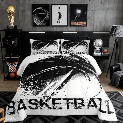 Boys Basketball King Size Comforter Set,Kids Basketball Tie-dye Decor All Season Bedding Set,Teens Sports Gaming Comforter,Girls Black and White Watercolor Decor Quilt Set Bedroom Collection 3Pcs