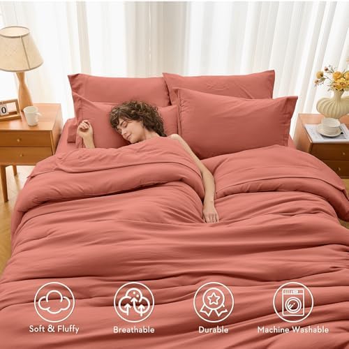 MUXHOMO 7 Pieces King Comforter Set, Soft Bed in a Bag King Size, All Season Bedding Set with Comforter, Flat Sheet, Fitted Sheet, Pillowcases & Shams, Coral Red