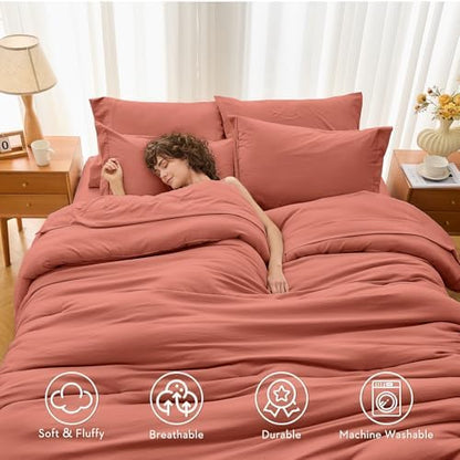MUXHOMO 7 Pieces King Comforter Set, Soft Bed in a Bag King Size, All Season Bedding Set with Comforter, Flat Sheet, Fitted Sheet, Pillowcases & Shams, Coral Red