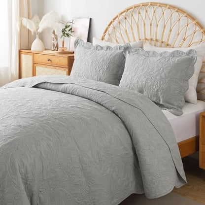 HoneiLife Quilt Set Queen Size - 3 Piece Queen Quilt Bedding Set Microfiber Quilt Sets Lightweight Bedspreads Reversible Coverlets Retro Bed Cover Floral Bedding Set All Season Quilts-Light Grey