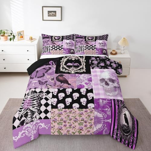Gothic Crow Comforter Set Queen Size,Halloween Skull Bedding Sets 3Pcs for Kids Teens Woman Men Room Decor,Purple Rose Flower Candles Quilted Duvet Patchwork Grid Plaid Down Comforter,2 Pillowcases