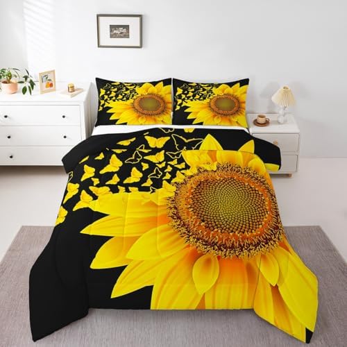 jejeloiu Sunflower Butterfly Comforter Set Twin Size Kids Floral Bedding Set for Boys Girls Teens Yellow Flowers Duvet Breathable Botanical Spring Quilt Bedroom Decor,1 Comforter with 1 Pillowcase
