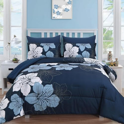 Luxudecor Navy Blue Comforter Set Twin Size, 5 Pieces Bed in a Bag Navy Blue Floral Comforter and Sheet Set, Soft Microfiber Complete Bedding Sets for All Seasons