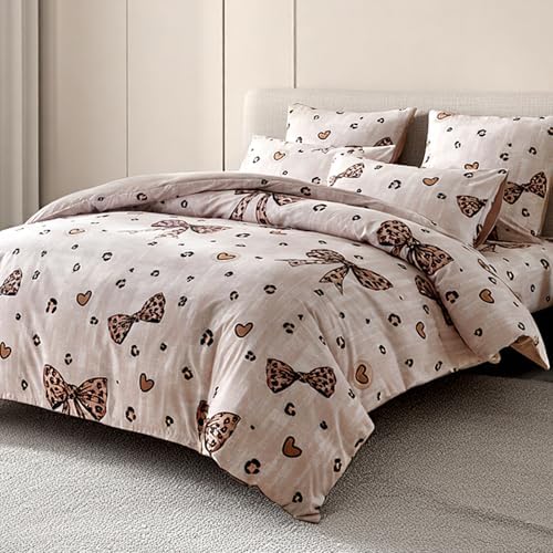 Wajade 7 Piece Cheetah Bow Comforter Set for Girls Kids Twin Size Bedding Set with Sheet and 2 Pillowcases 2 Pillow Shams Cute Girls Bed in a Bag as Birthday Choice