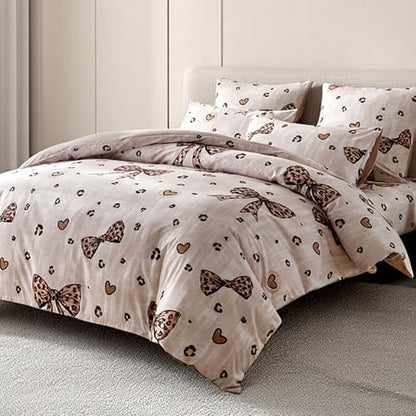 Wajade 7 Piece Cheetah Bow Comforter Set for Girls Kids Twin Size Bedding Set with Sheet and 2 Pillowcases 2 Pillow Shams Cute Girls Bed in a Bag as Birthday Choice