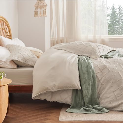 Bedsure Boho Duvet Cover Queen, Vintage Tufted Bedding, 4-Piece, Beige