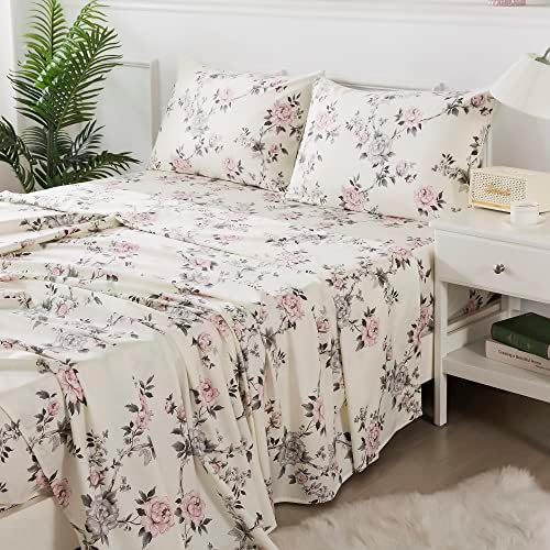 FADFAY Floral Sheets Set Twin Vintage Rose Floral Bedding Shabby Grey and Pink Peony Print Sheets Farmhouse Bedding 800 Thread Count 100% Egyptian Cotton Soft Deep Pocket Fitted Sheet 4Pcs, Twin Size