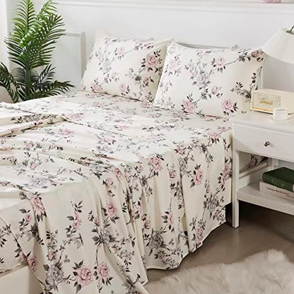 FADFAY Floral Sheets Set Twin Vintage Rose Floral Bedding Shabby Grey and Pink Peony Print Sheets Farmhouse Bedding 800 Thread Count 100% Egyptian Cotton Soft Deep Pocket Fitted Sheet 4Pcs, Twin Size