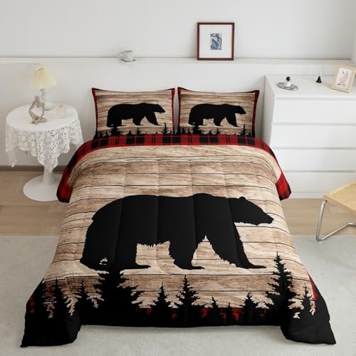 Castle Fairy Kids Bear Silhouette Queen Size Comforter Set,Wildlife Animal Trees Print Bedding Set with 2 Pillowcases,Red Black Plaid Retro Board Breathable Durable Polyester