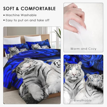 WeCozy Queen Comforter Set, 3 Pieces White Tiger Bedding, All Season
