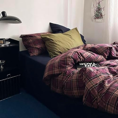 mixinni Vintage Buffalo Plaid Duvet Cover Set Full Size – 3 Piece Retro Aesthetic Washed Cotton Bedding Set with Grid Pattern, Soft & Breathable Burgundy Comforter Cover for All Seasons-Full Size