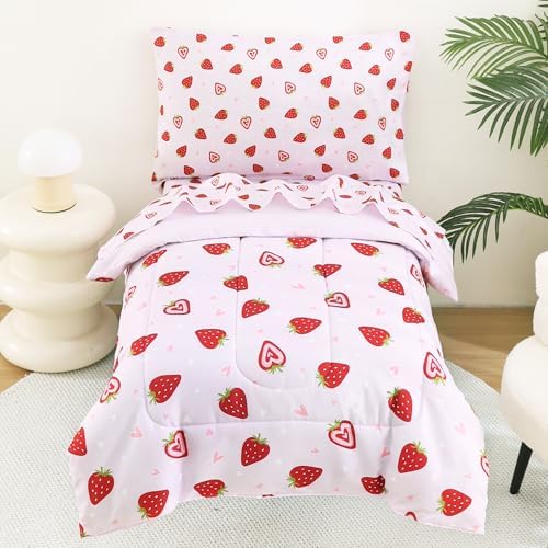 lasoftan Toddler Bedding Set, 4 Piece Bed-in-a-Bag Toddler Bed Comforter Sets for Girls, Toddler Bed Set, Prink Strawberry Printed, Machine Washable