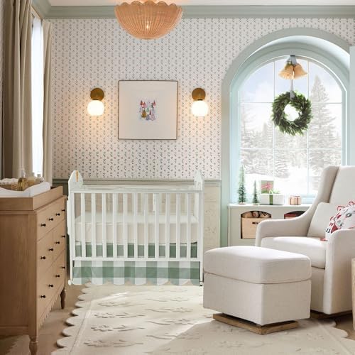 Brandream Scallop Edge Cotton Crib Skirt Toddler Bedskirt Baby Nursery Crib Bed Skirt Boho Bohemian Neutral Solid Color Sage Green Buffalo Plaid Gingham Farmhouse Chic Bedding Skirt