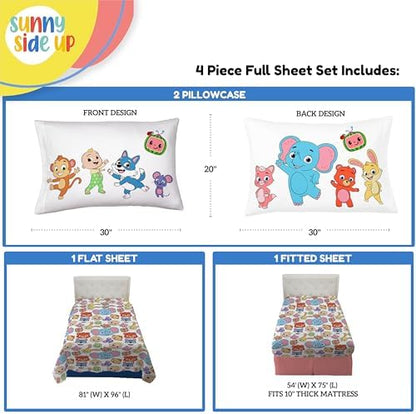 Sunny Side Up CoComelon Full Size Sheeet Set - 4 Piece Kids Animals Bedding Set Includes Pillow Cover - Super Soft Microfiber Sheets