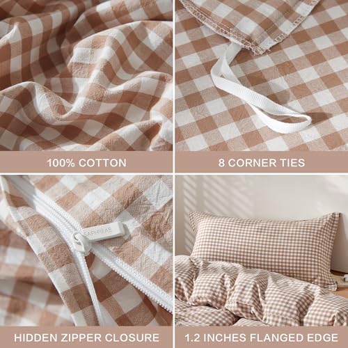 SAPHREAS Gingham Duvet Cover Set King Size, 100% Washed Cotton Linen Like Plaid Comforter Cover with Zipper Closure & Corner Ties (No Comforter), 104x90 Taupe
