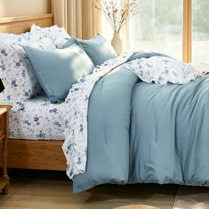 WONGS BEDDING 8PC King Comforter Set, Ruffle Comforter with Floral Sheets