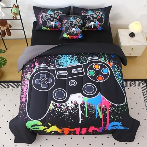 JQinHome Full Gamer Comforter Sets for Boys,6 Piece Bed in A Bag 3D Video Gamer Bedding -All Season Microfiber Gaming Bedding Set for Kids, with Sheet Sets (Black Gaming)