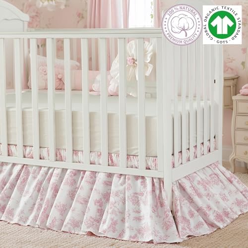 Brandream French Country Toile Cotton Crib Skirt Toddler Bedskirt Dust Ruffle Baby Nursery Crib Bed Skirt Boho Bohemian Vintage Pink Floral Print Farmhouse Chic Ruffles Skirt