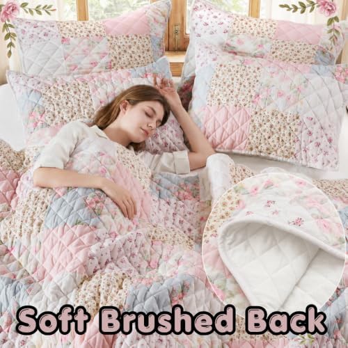 Wonderful - Real Patchwork Quilt Set King Size, 3 Piece Cotton Front Floral Pink Bedding, Boho Farmhouse Reversible Bedspread for All Season,104"x90"