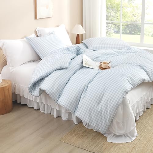 Andency Blue Gingham Comforter Set Full, Blue Checkered Grid Plaid Bedding