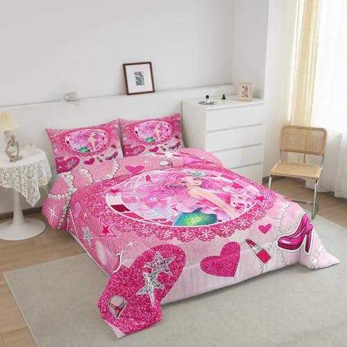Mermaid Princess Kids Comforter Set Queen Size,High-Heeled Shoes Lip Bowknot Romantic Bedding Set,Girls Women Room Decor,Glitter Sequin Castle Down Comforter,Pink Dreamy Duvet Insert,2 Pillowcases