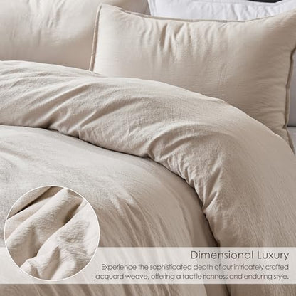 WDCOZY Beige King Size Jacquard Duvet Cover Set with Zipper Closure, Modern Washed Soft Striped Bedding, Textured Seersucker Like Cotton Linen, 1 Duvet Cover and 2 Pillow Shams, No Comforter