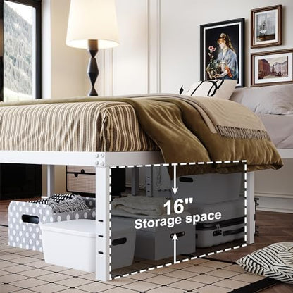 DiaOutro 18 Inch White Metal Bed Frame Queen with Storage