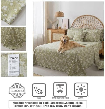 FADFAY Sage Green Sheets Set King 100% Cotton Washed Double Gauze Muslin Bedding 4Pcs Vintage Rose Floral Sheets Shabby Cottagecore Bedding Super Soft & Breathable Deep Pocket Fitted Sheet, King Size