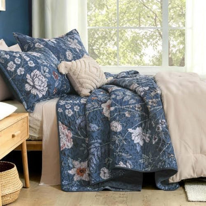 Litanika Floral Navy Quilt Queen - 3Pcs Botanical Birds Bedding Set