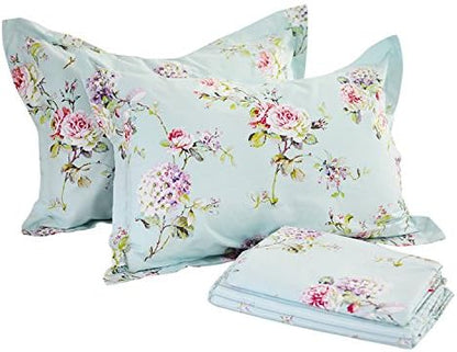 FADFAY Sheet Set Full Farmhouse Bedding Rose and Hydrangea 100% Cotton Blue Floral Deep Pocket Fitted Sheet 4-Pieces Full