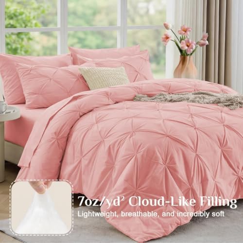 JOLLYVOGUE Queen Comforter Set 7 Pieces - Bed in a Bag Queen for All Season, Pintuck Bedding Comforter Sets with Comforter, Flat Sheet, Fitted Sheet and Pillowcases & Shams, Pink