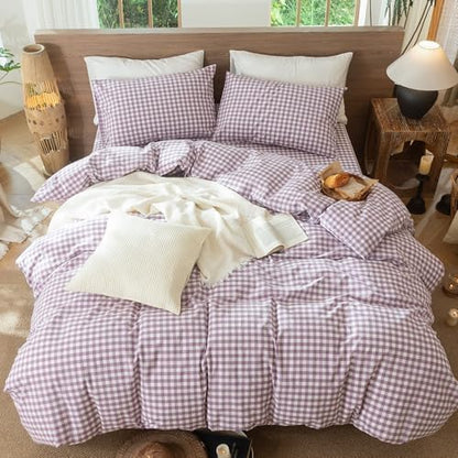 MooMee Gingham Duvet Cover Set 100% Washed Cotton Linen Like