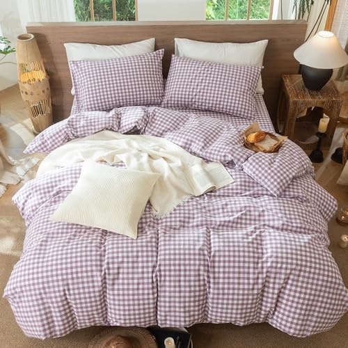 MooMee Gingham Duvet Cover Set 100% Washed Cotton Linen Like