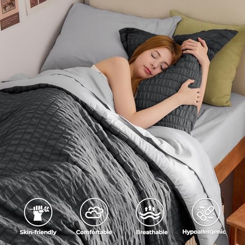 HYMOKEGE Dark Grey/Light Grey Twin XL Comforter Set Seersucker 5 Pieces, All Season Luxury Bed in a Bag for Bedroom, Bedding Set with Comforter, Sheets, Pillowcase & Sham