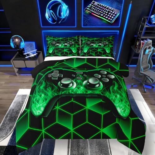 Green Gaming Comforter Set for Boys, Neon Geometric Toddler Bedding, 3D Geometric Kids Comforter Set with Flame Gaming Consoles Decor
