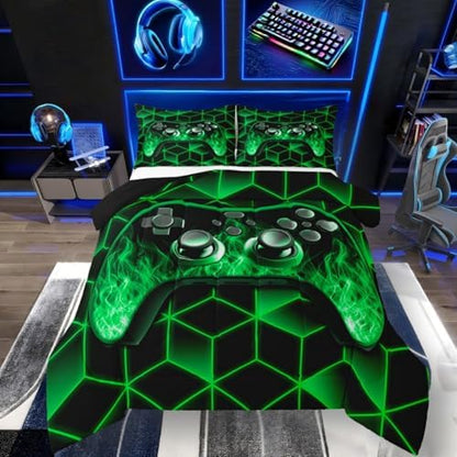 Green Gaming Comforter Set for Boys, Neon Geometric Toddler Bedding, 3D Geometric Kids Comforter Set with Flame Gaming Consoles Decor