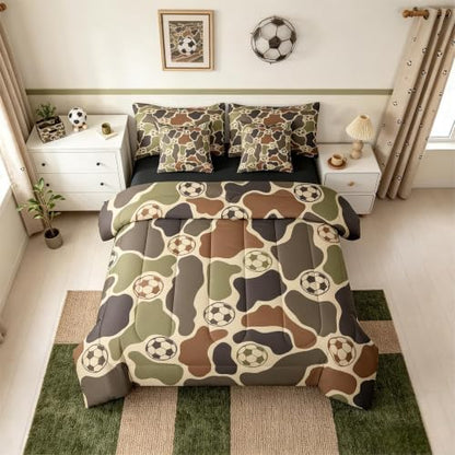 Erosebridal Soccer 7 Piece Bedding Set Full Camo Comforter Set with Sheets Camouflage Print Sports Theme Football Bed in a Bag Soccer Ball Brown Green Camo for Kids Boys Teens