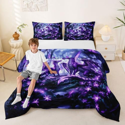 Feelyou Dragon Bedding Set Soft for Boys Girls, Magical Beast Comforter Set King Size Jungle Duvet Quilt Microfiber Wild Animal Bedroom Decor Fantasy Animal 3 Pcs with 2 Pillow Cases