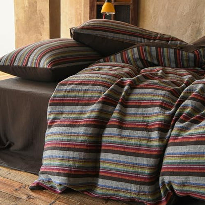 LifeTB Retro Striped Duvet Cover Set Queen, 100% Muslin Cotton Vintage Colorful Stripes Pattern Printed Comforter Cover, Soft Breathable Gauze Duvet Cover Farmhouse Bohemian Striped Bedding Set