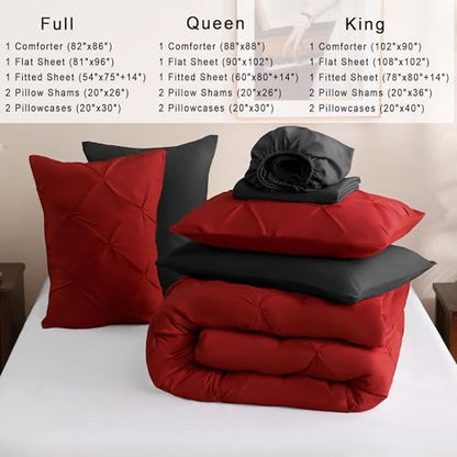 DOWNCOOL Queen Comforter Set, 7 Pieces Red and Black Bed in a Bag