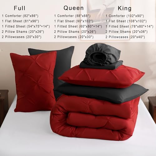 DOWNCOOL King Size Comforter Set, 7 Pieces Red and Black Bed in a Bag