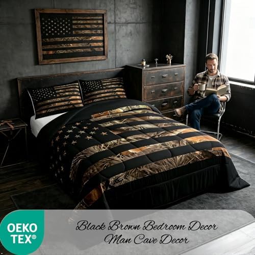 American Flag Camo Comforter Set Queen,Military Hunting Bedding Set Rustic Trees Leaves Camouflage Comforter for Boys Teens Kids Man Bedroom Nature Conifer Oak Branches Bedding Quilt Set 3 Pcs
