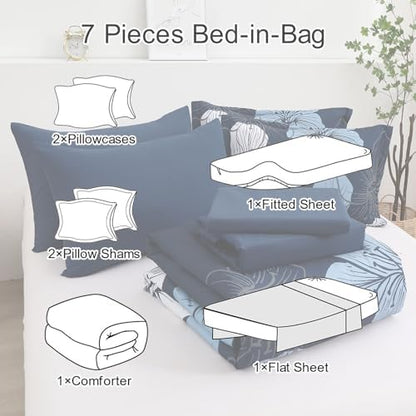 Luxudecor Navy Blue Comforter Set King Size, 7 Pieces Bed in a Bag Navy Blue Floral Comforter and Sheet Set, Soft Microfiber Complete Bedding Sets for All Seasons