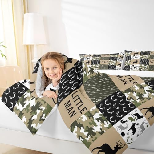 Manfei Deer Antlers Animals Silhouette Comforter Set Twin,Camo Geometric Checks Bedding Set 2pcs for Kids Adults Room Decor,Nordic Boho Arrow Quilt Set,Vintage Green Duvet Insert with 1 Pillowcase