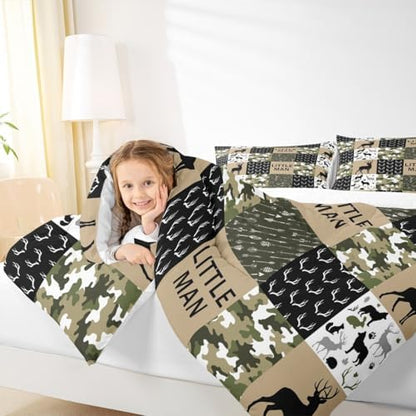 Manfei Deer Antlers Animals Silhouette Comforter Set Twin,Camo Geometric Checks Bedding Set 2pcs for Kids Adults Room Decor,Nordic Boho Arrow Quilt Set,Vintage Green Duvet Insert with 1 Pillowcase